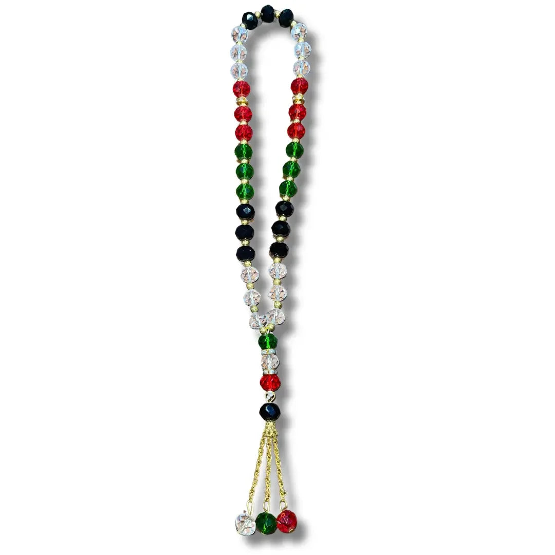 Handmade Palestinian tasbeeh with multicolored beads in red green black and clear by Palestinian Elegance