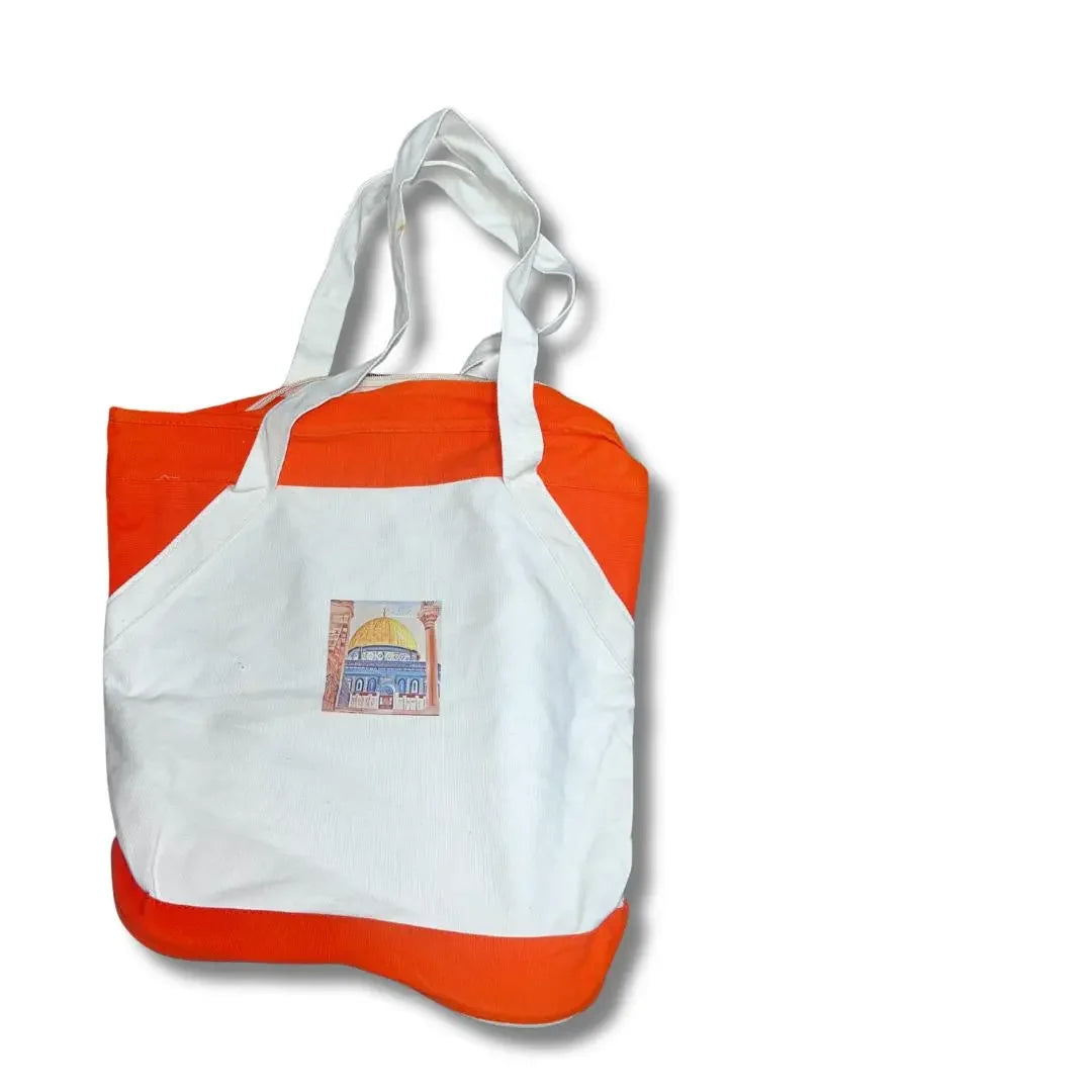 Handmade Palestinian tote bag in white and orange with Dome of the Rock design by Palestinian Elegance