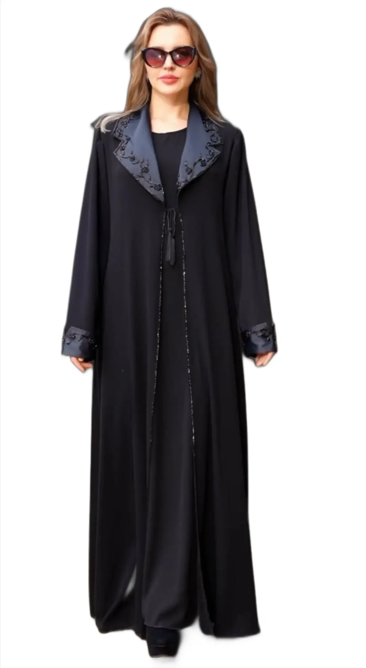 Black abaya from Palestinian Elegance featuring handmade sewn bead crafts on collar and cuffs