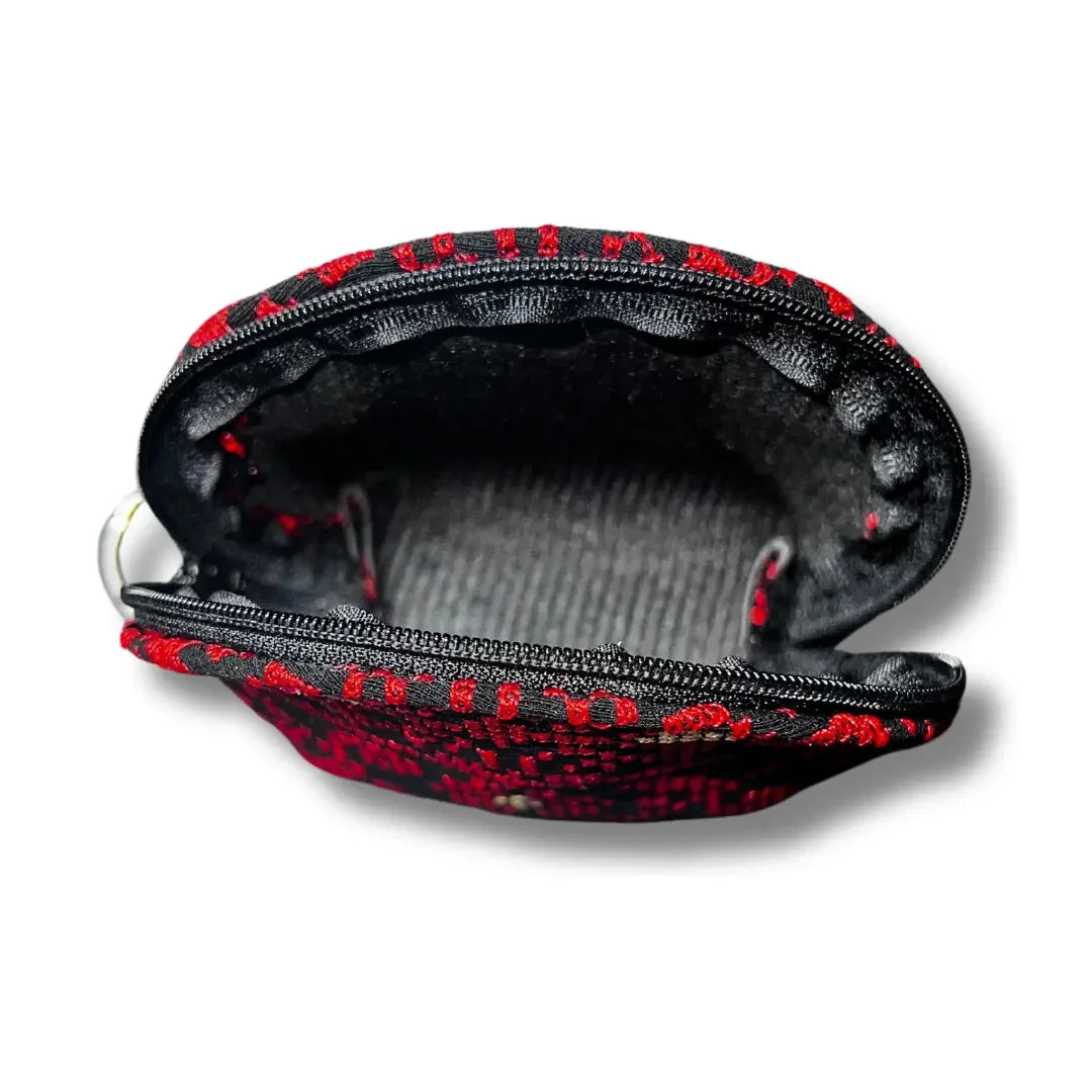 Palestinian Elegance handmade tatreez wallet in black and red with zipper and open interior view