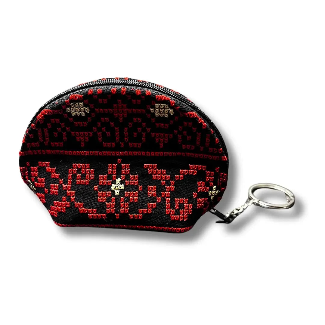Palestinian Elegance handmade tatreez wallet with red and black traditional embroidery and zipper closure