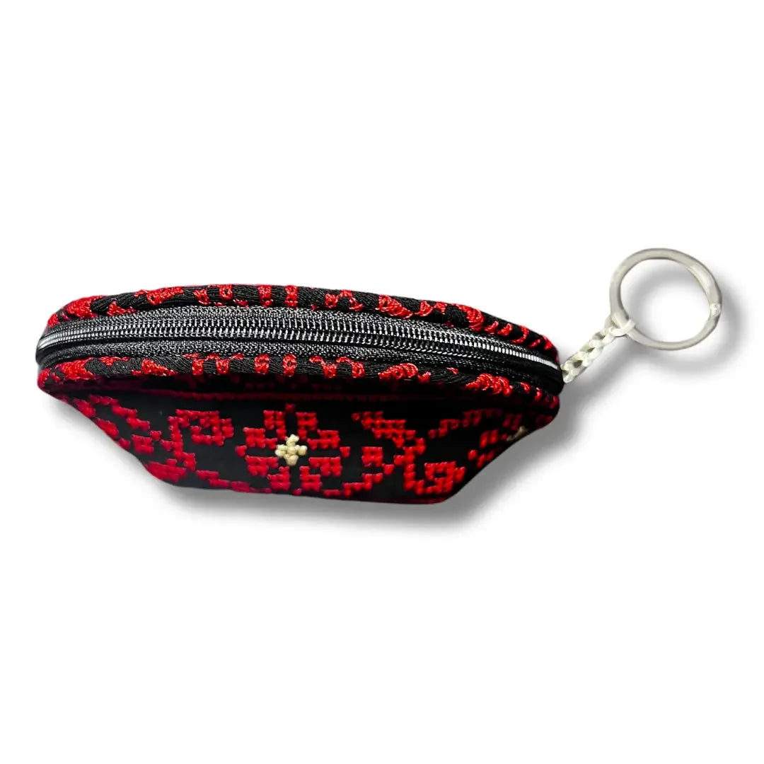 Palestinian Elegance handmade tatreez wallet with red and black embroidery and keyring accessory