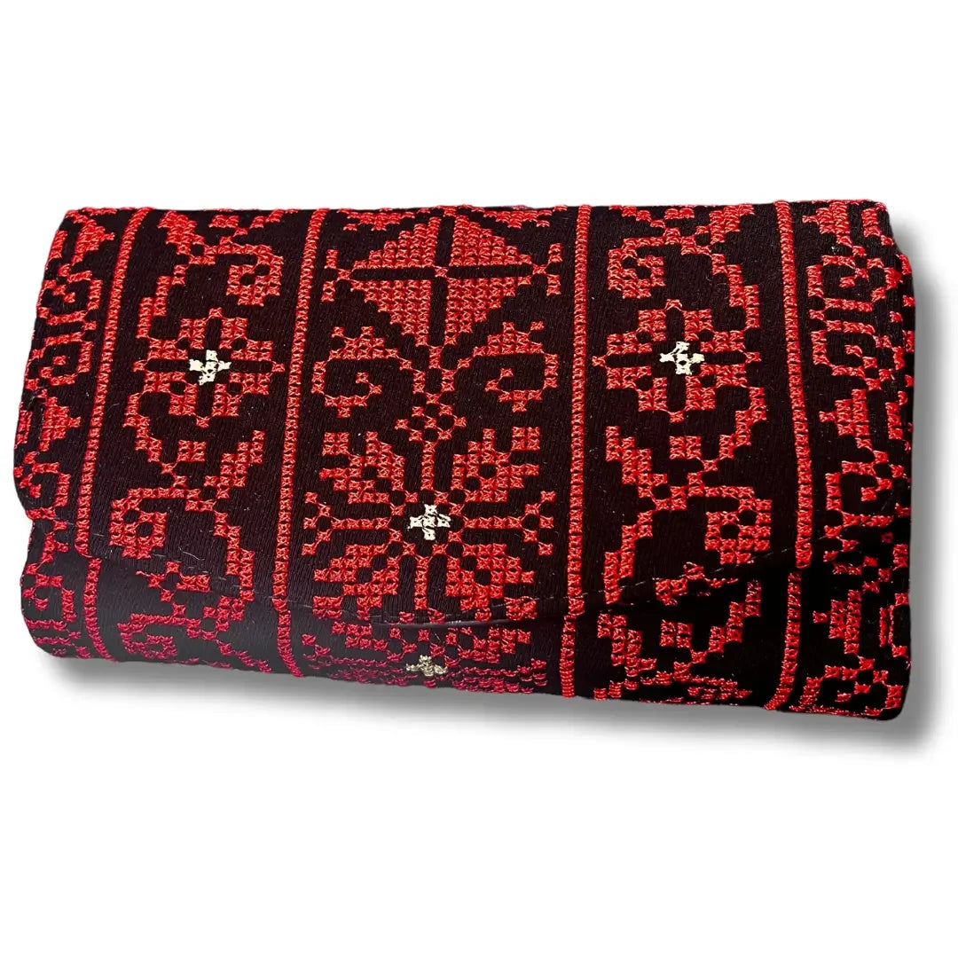 Palestinian Elegance handmade tatreez wallet with traditional red and black embroidered design