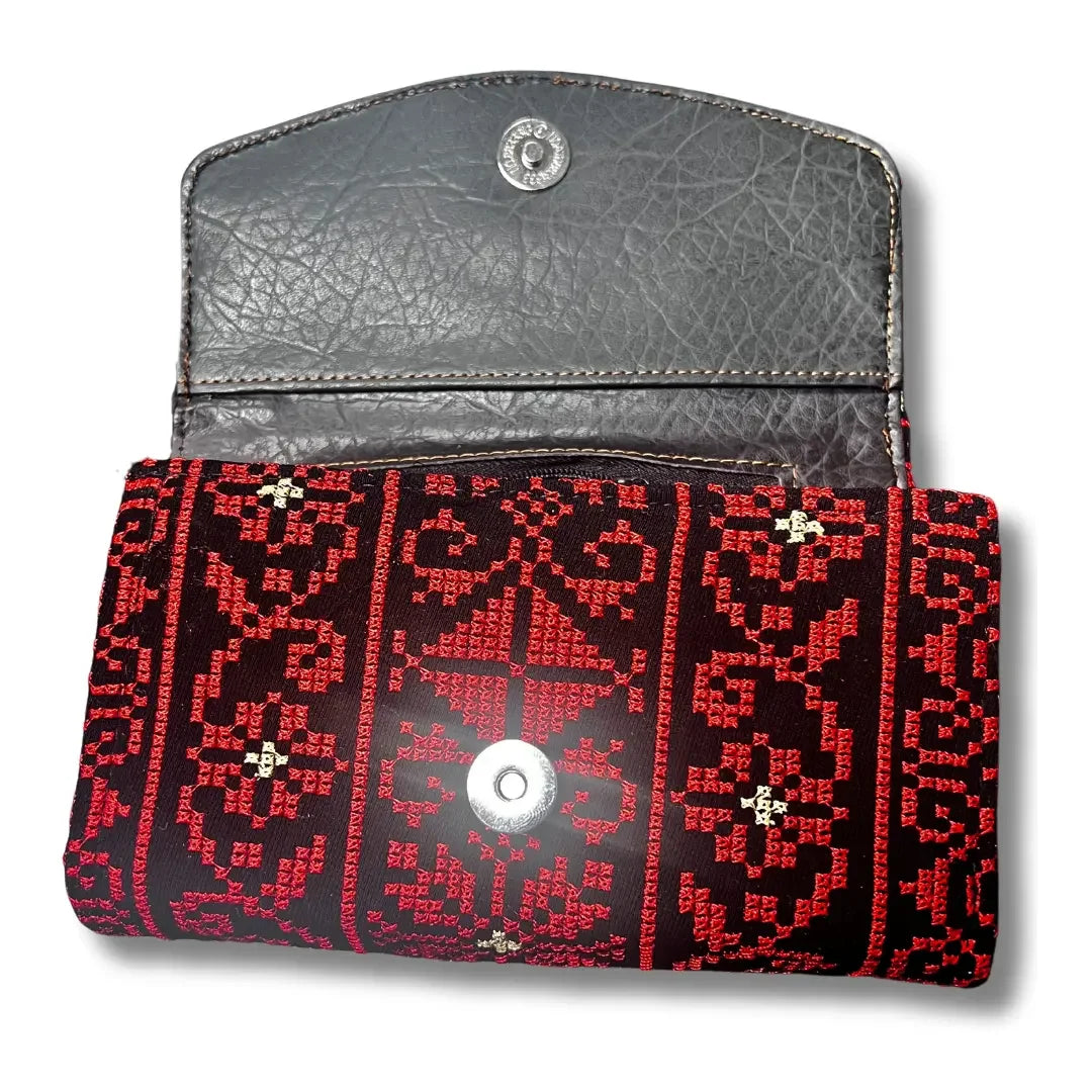 Palestinian Elegance handmade tatreez wallet with intricate red embroidery and leather interior