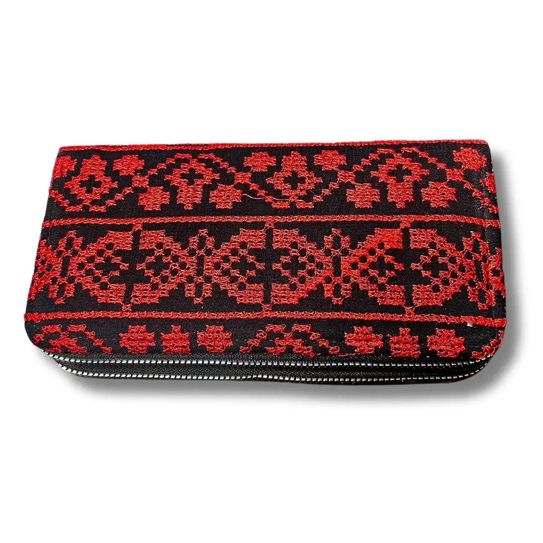 Handmade tatreez wallet by Palestinian Elegance with traditional red and black embroidery