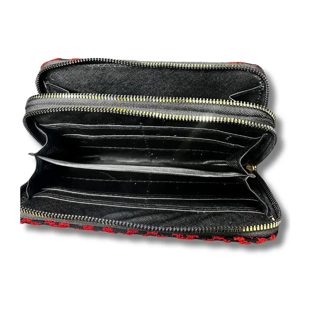 Palestinian Elegance handmade tatreez wallet open showing multiple card slots and zip compartments