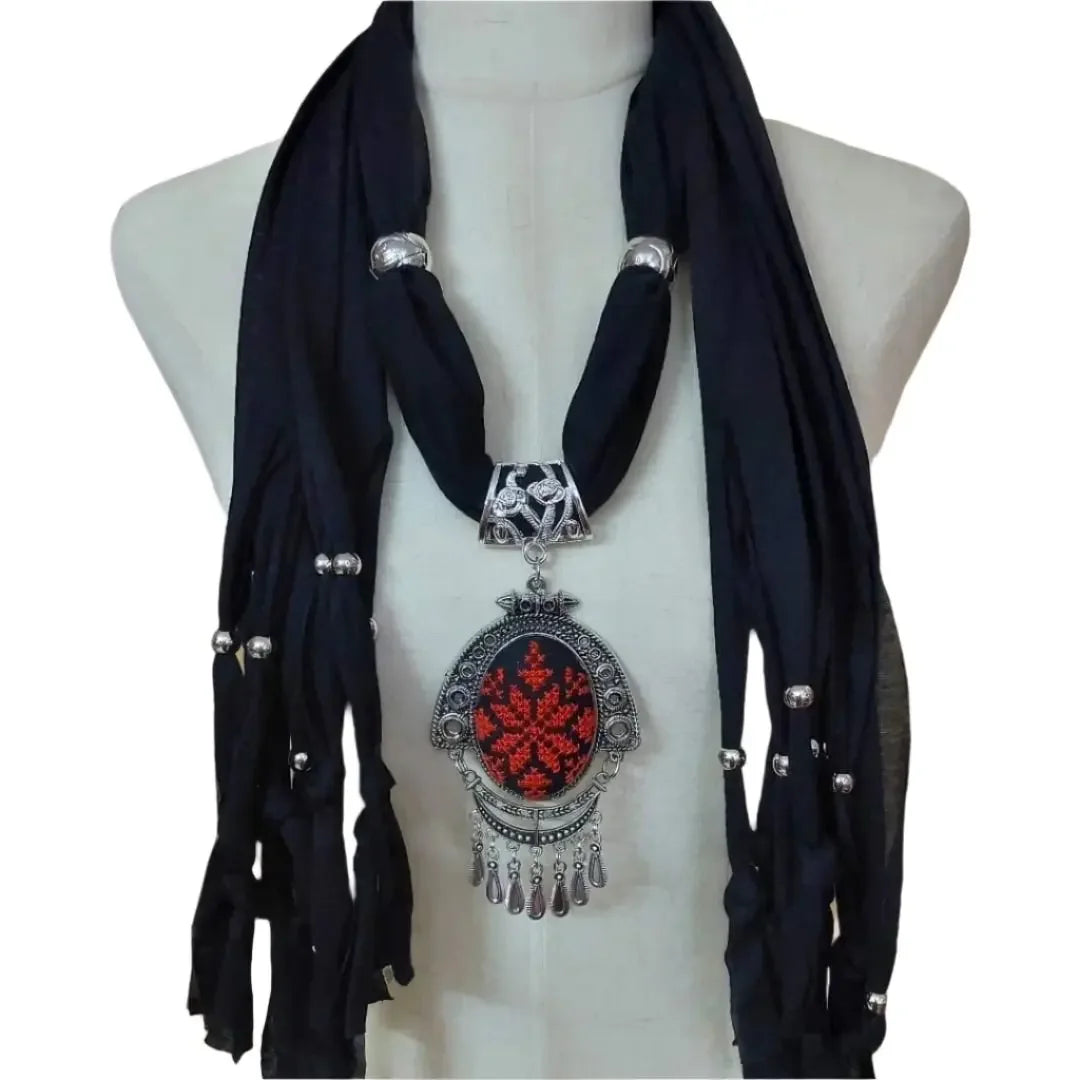 Black heritage embroidered scarf with silver pendant and bead accents by Palestinian Elegance