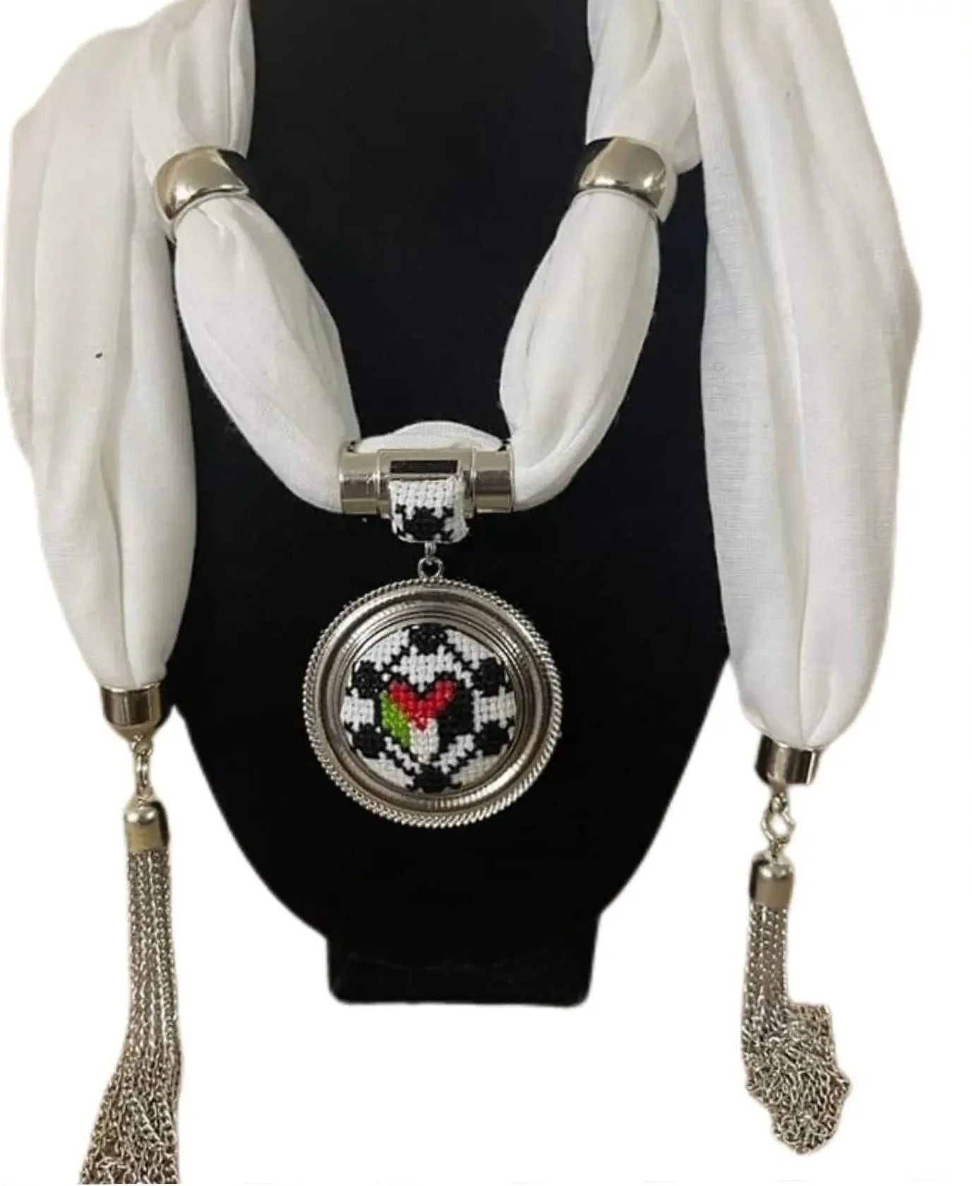 White heritage embroidered scarf with silver pendant and chain tassels from Palestinian Elegance accessories
