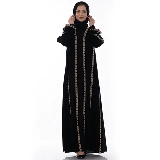 Palestinian Elegance black Khaleeji open abaya with decorative trim on sleeves and front panel