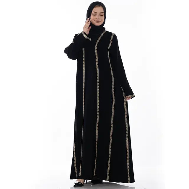 Palestinian Elegance black Khaleeji open abaya with gold vertical trim detailing and long sleeves
