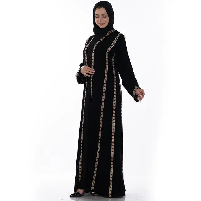 Palestinian Elegance black Khaleeji open abaya with decorative vertical stripes worn by woman