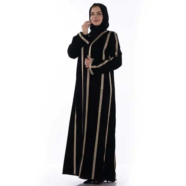 Palestinian Elegance black Khaleeji open abaya with gold vertical stripes and full length design