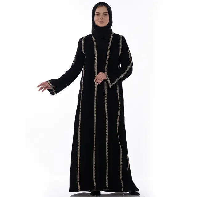 Palestinian Elegance Khaleeji open abaya in black with gold vertical stripes and open front design