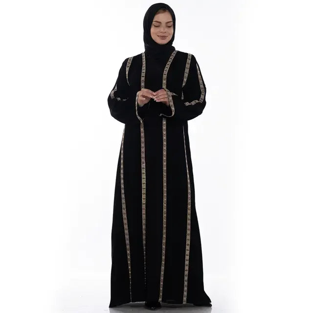 Palestinian Elegance black Khaleeji open abaya with gold vertical trim details