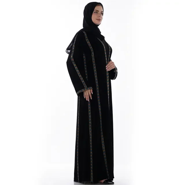 Palestinian Elegance black Khaleeji open abaya with colorful embroidered vertical stripes