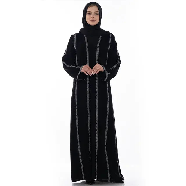 Palestinian Elegance Khaleeji open abaya black with silver vertical embroidery and long sleeves