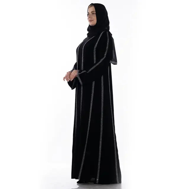 Palestinian Elegance black Khaleeji open abaya with vertical embroidered stripes and matching hijab
