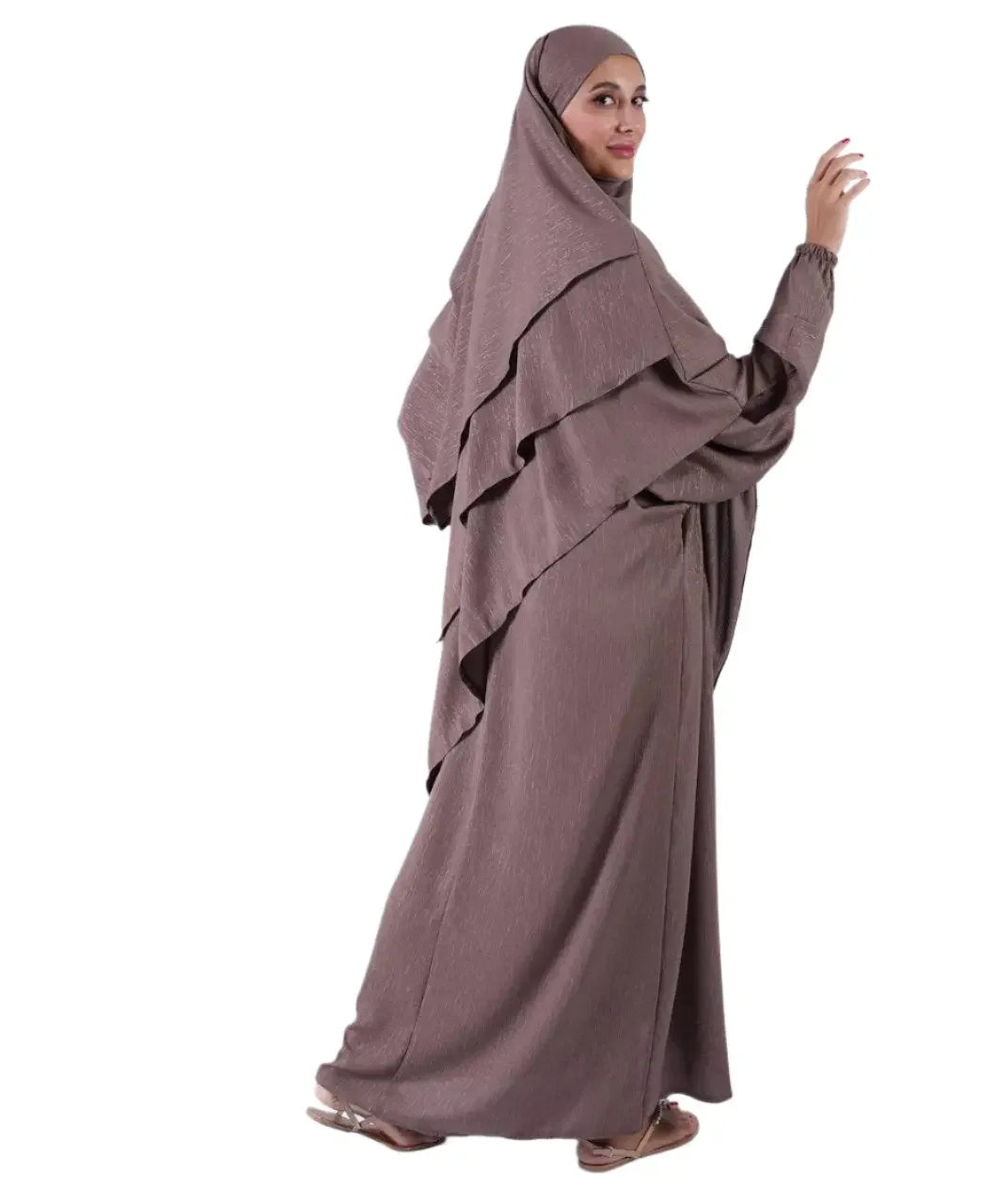 Palestinian Elegance khimar abaya for women in brown with layered design and loose fit