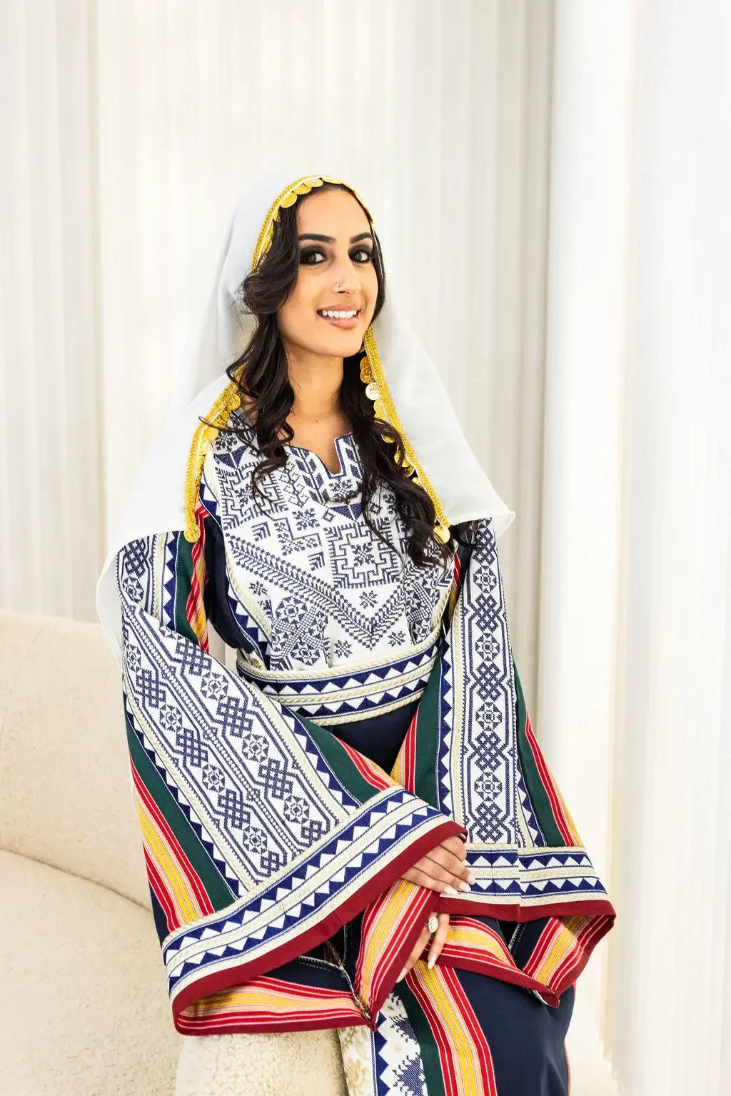 Palestinian Elegance khirka with gold coins traditional embroidered accessory worn by woman