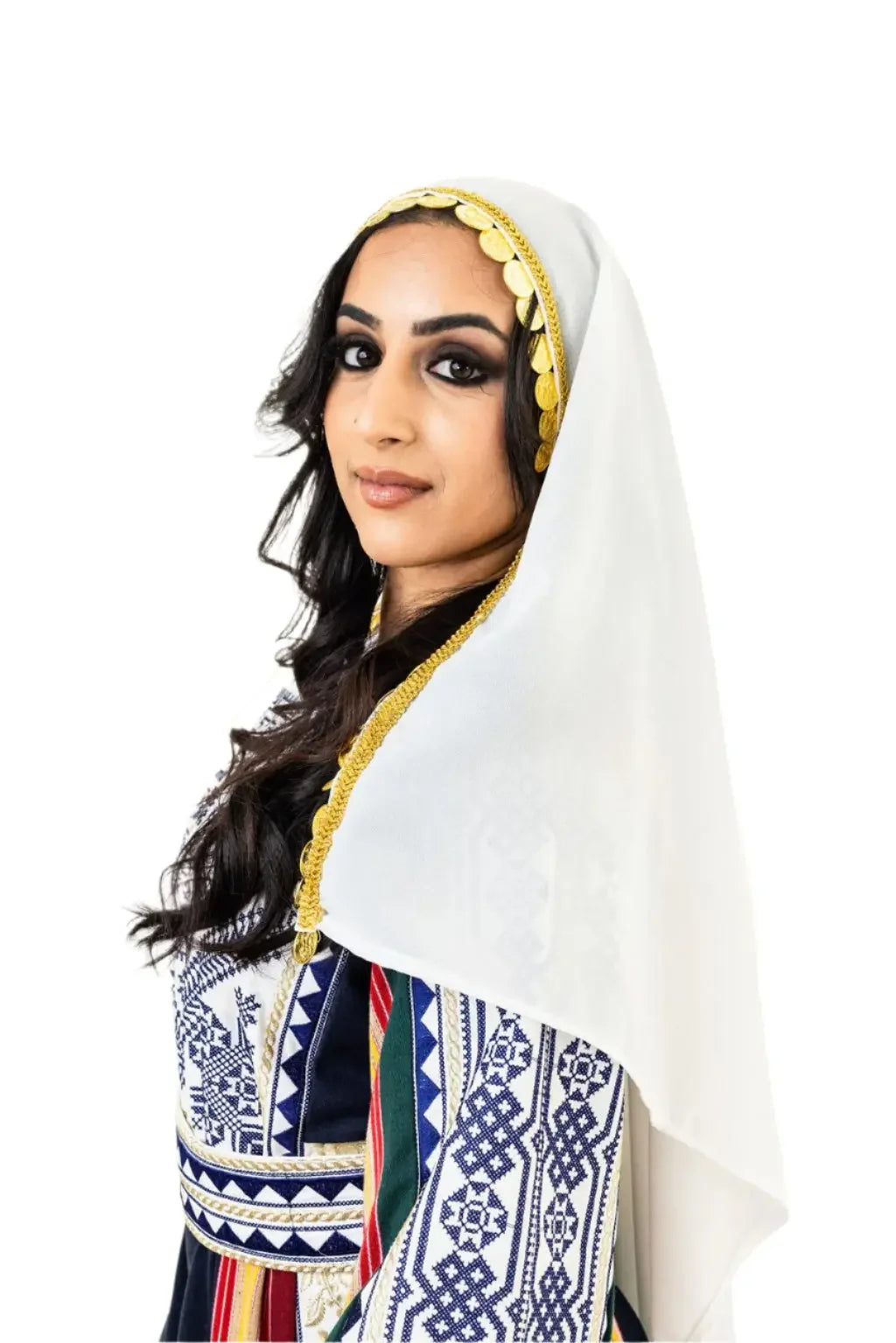 Palestinian Elegance khirka with gold coins worn by woman over traditional embroidered dress