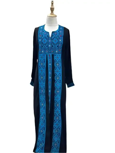 Palestinian Elegance kids embroidered abaya in black with intricate blue embroidery on front and sleeves