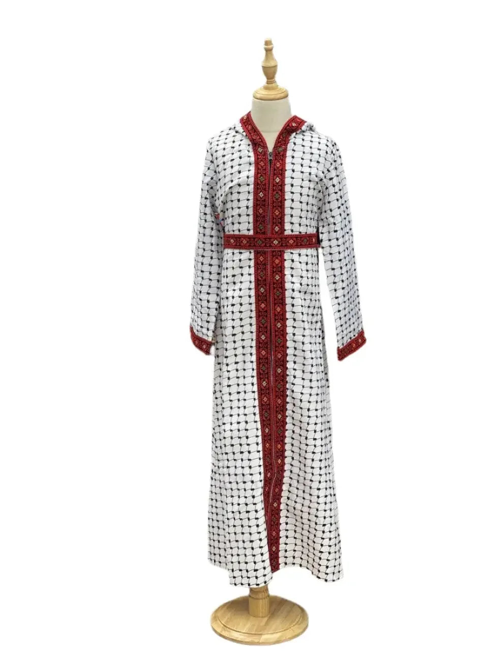 Kids embroidered bisht in white with traditional red and black embroidery displayed on a mannequin