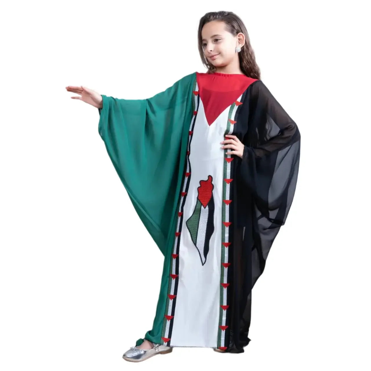 Kids Palestinian flag dress with green, white, red, and black colors designed for children by Palestinian Elegance