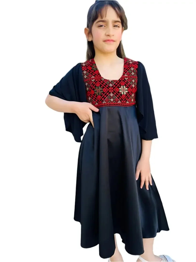 Palestinian Elegance kids tatreez dress in black with traditional red embroidered bodice