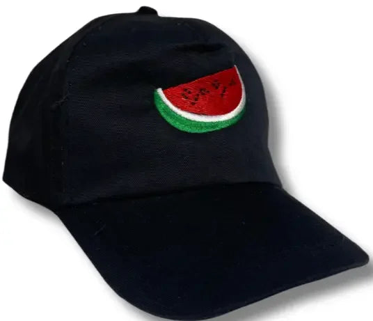Black kids watermelon hat with embroidered red and green watermelon slice on front panel