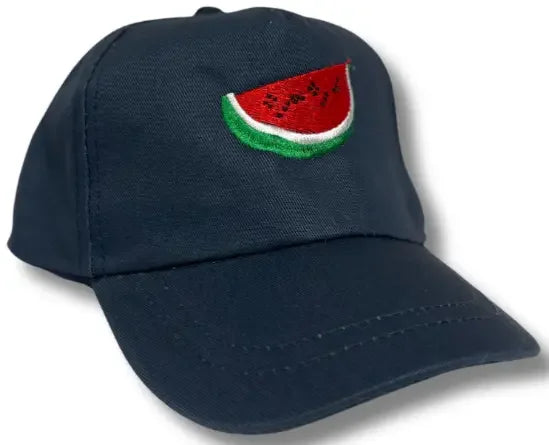 Palestinian Elegance kids watermelon hat in navy blue with embroidered watermelon slice accessory