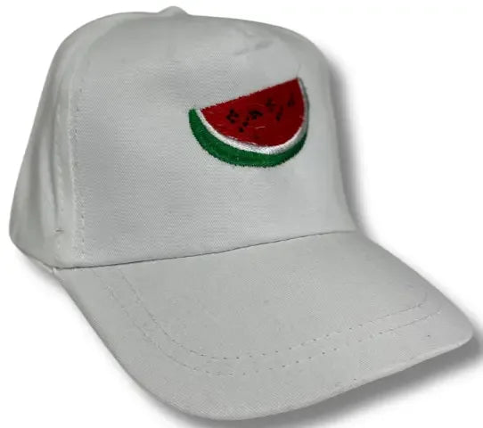 White kids watermelon hat with embroidered watermelon slice on front by Palestinian Elegance