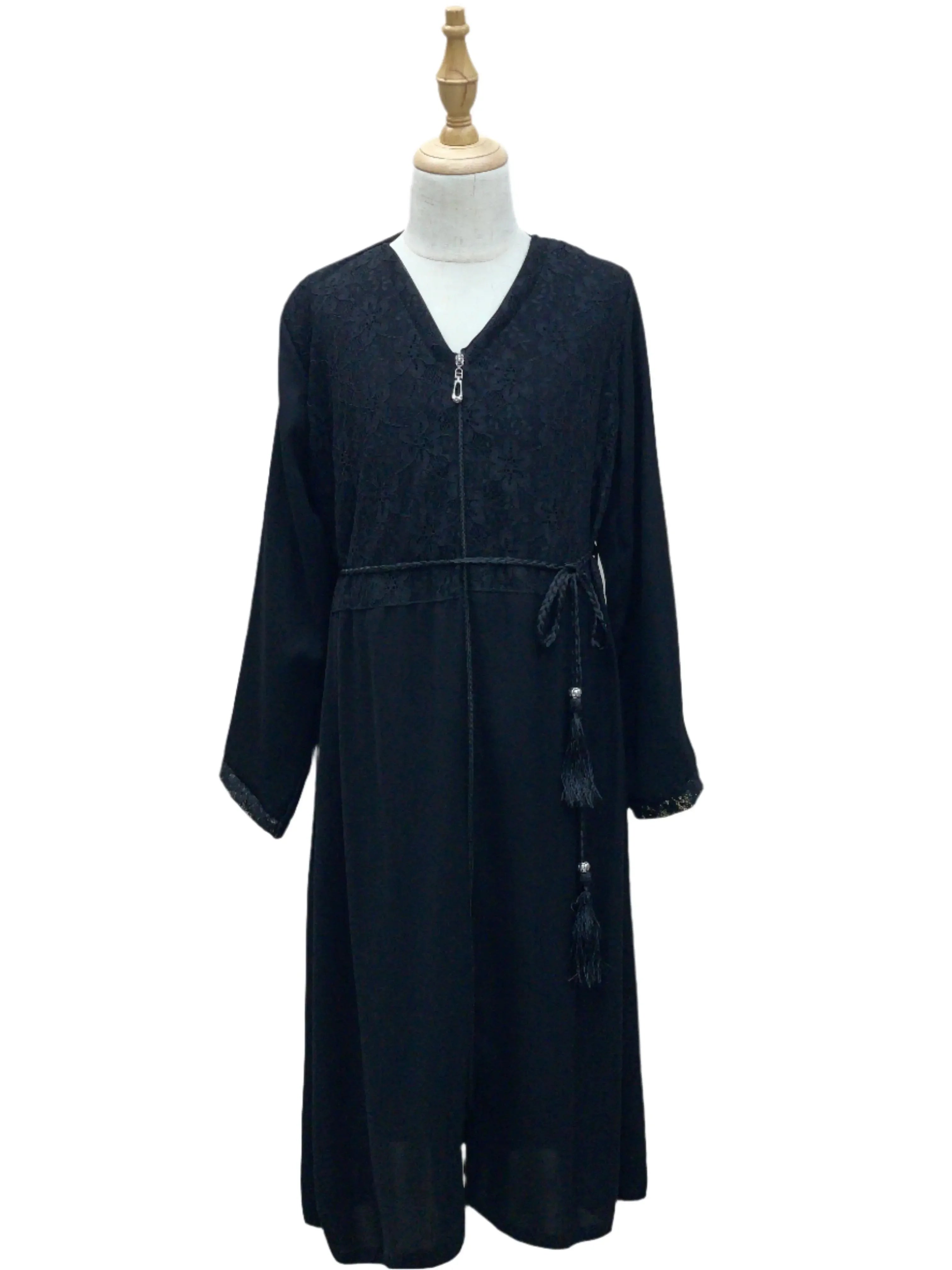Black kids zippered abaya from Palestinian Elegance with long sleeves and tassel waist tie