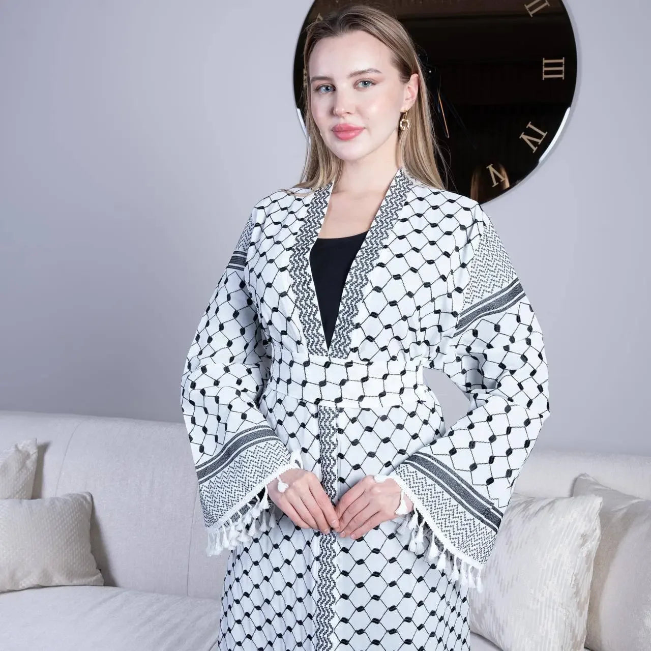 Palestinian Elegance casual kuffiyeh embroidery cardigan with black and white geometric patterns worn by model