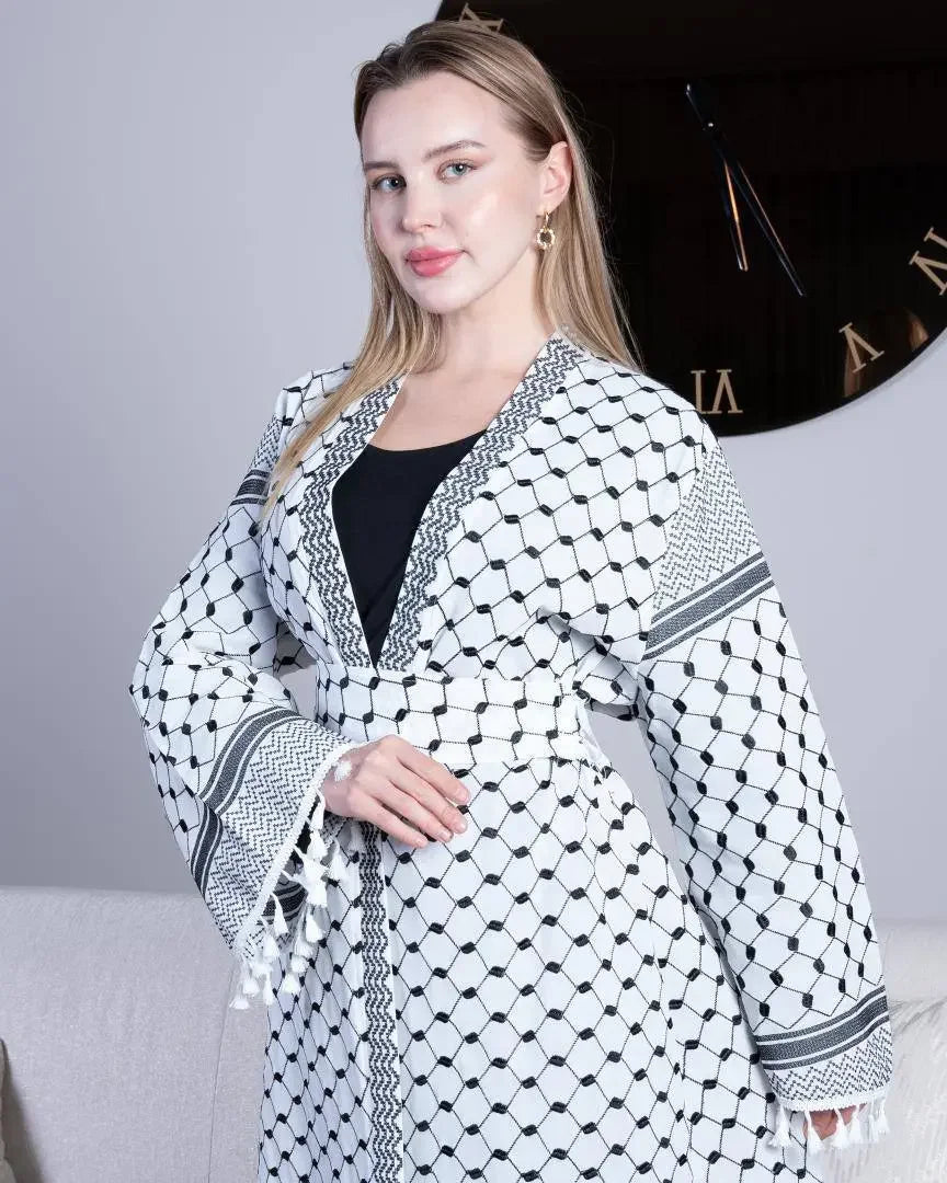 Palestinian Elegance casual kuffiyeh embroidery cardigan worn by woman with belt and wide sleeves