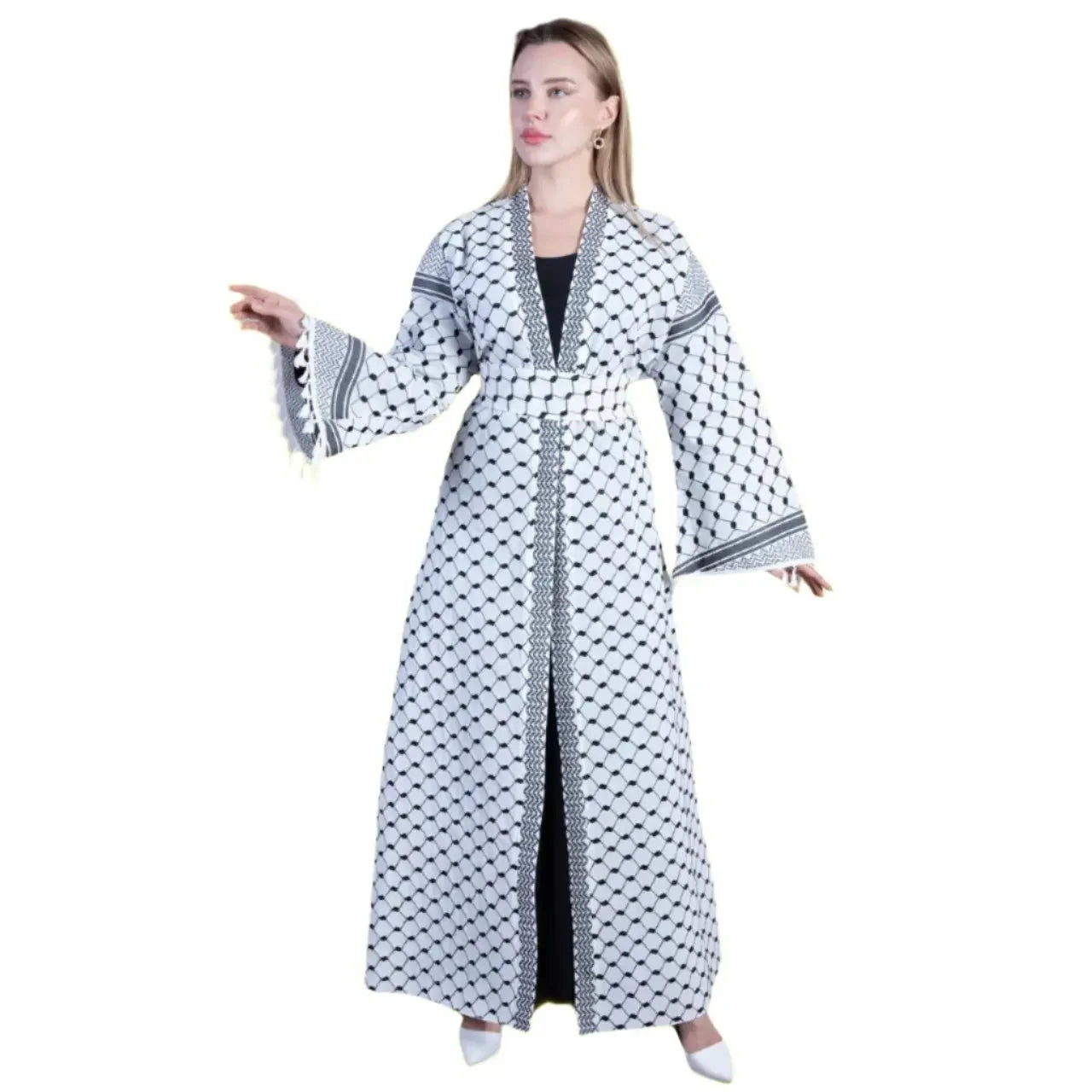 Palestinian Elegance kuffiyeh embroidery cardigan long open front with wide sleeves and traditional patterns