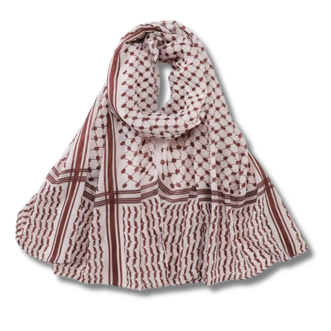 Palestinian Elegance kuffiyeh print cotton hijab in traditional brown and white pattern