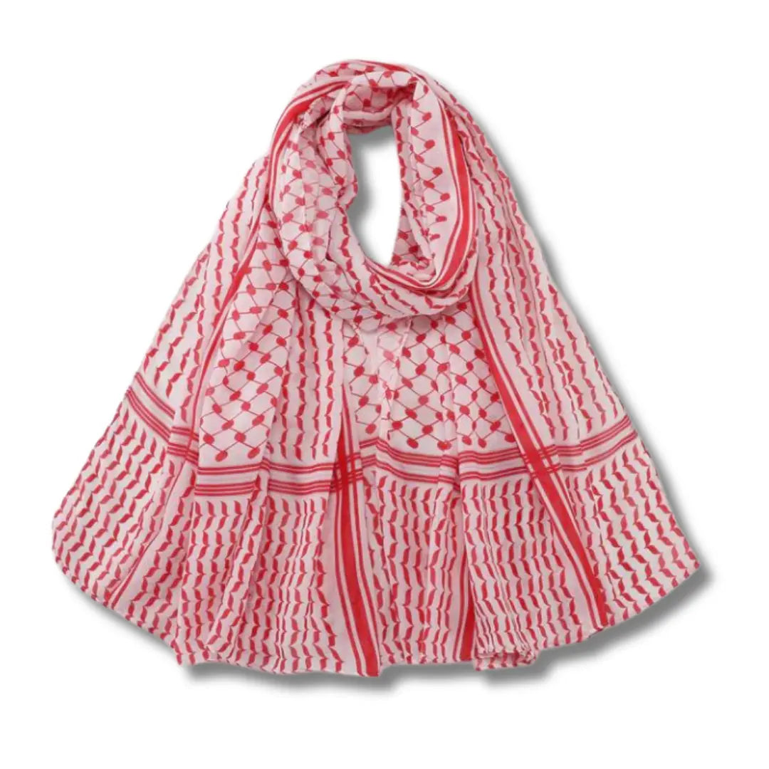 Palestinian Elegance red and white kuffiyeh print cotton hijab with traditional pattern