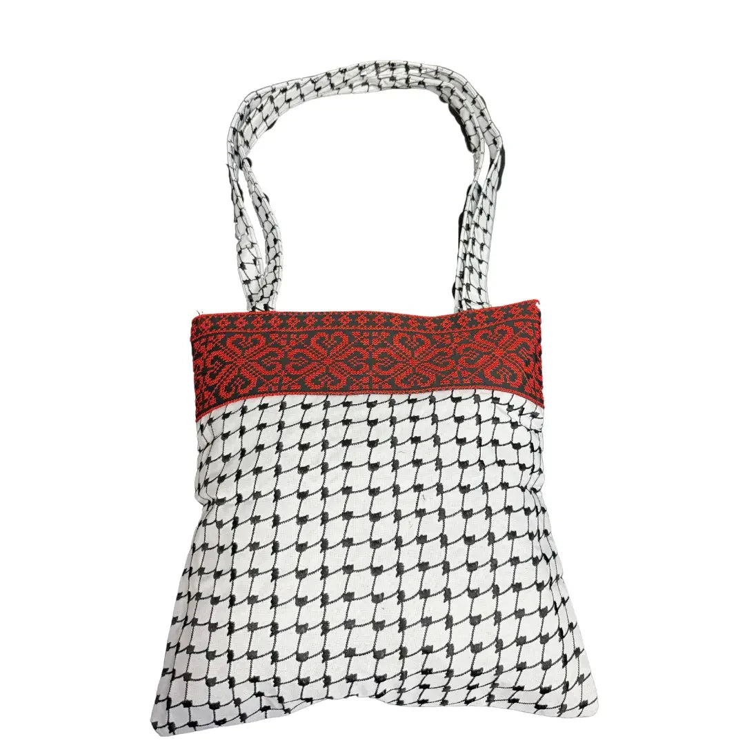 Kuffiyeh Pattern Tote Bag with Red Tatreez - High-Quality Design Palestinian Elegance