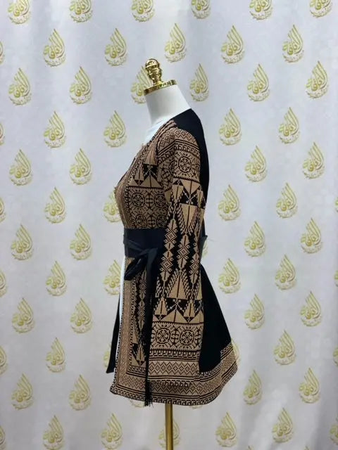 Palestinian Elegance Leena Tatreez Jacket with traditional geometric embroidery in black and tan colors