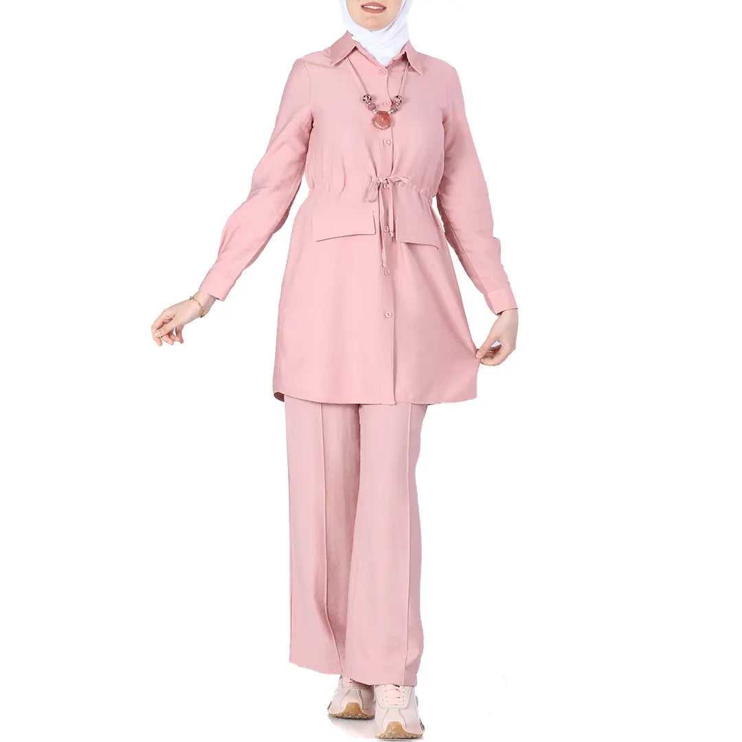 Pink casual linen 2 piece set for women with long sleeves and drawstring waist by Palestinian Elegance