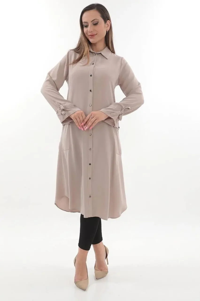 Palestinian Elegance casual long relaxed tunic for women in beige with button front and collar