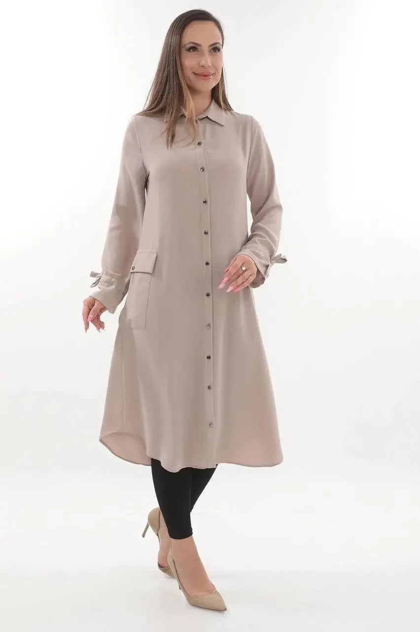 Palestinian Elegance long relaxed tunic for women in beige with button-down front and side pockets