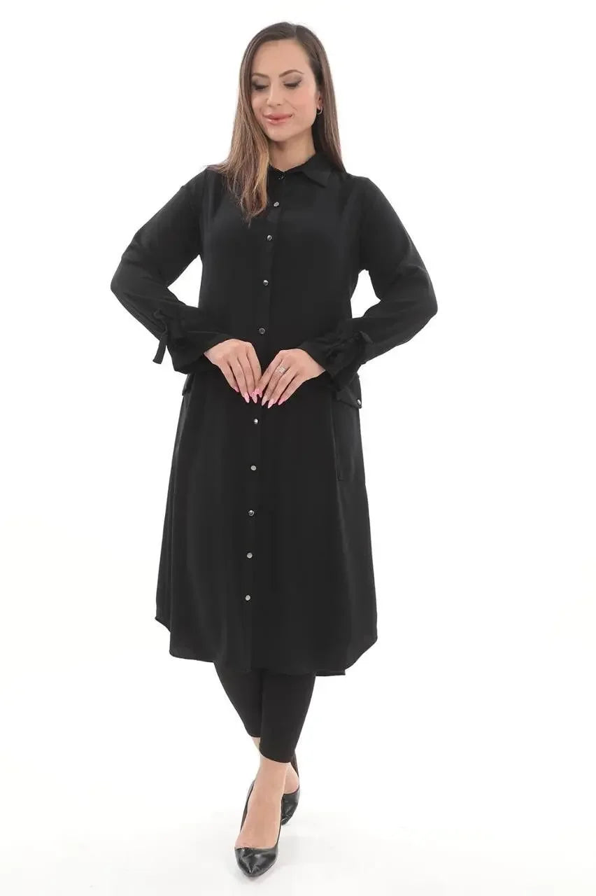 Palestinian Elegance long relaxed tunic for women in black with button-down front and long sleeves