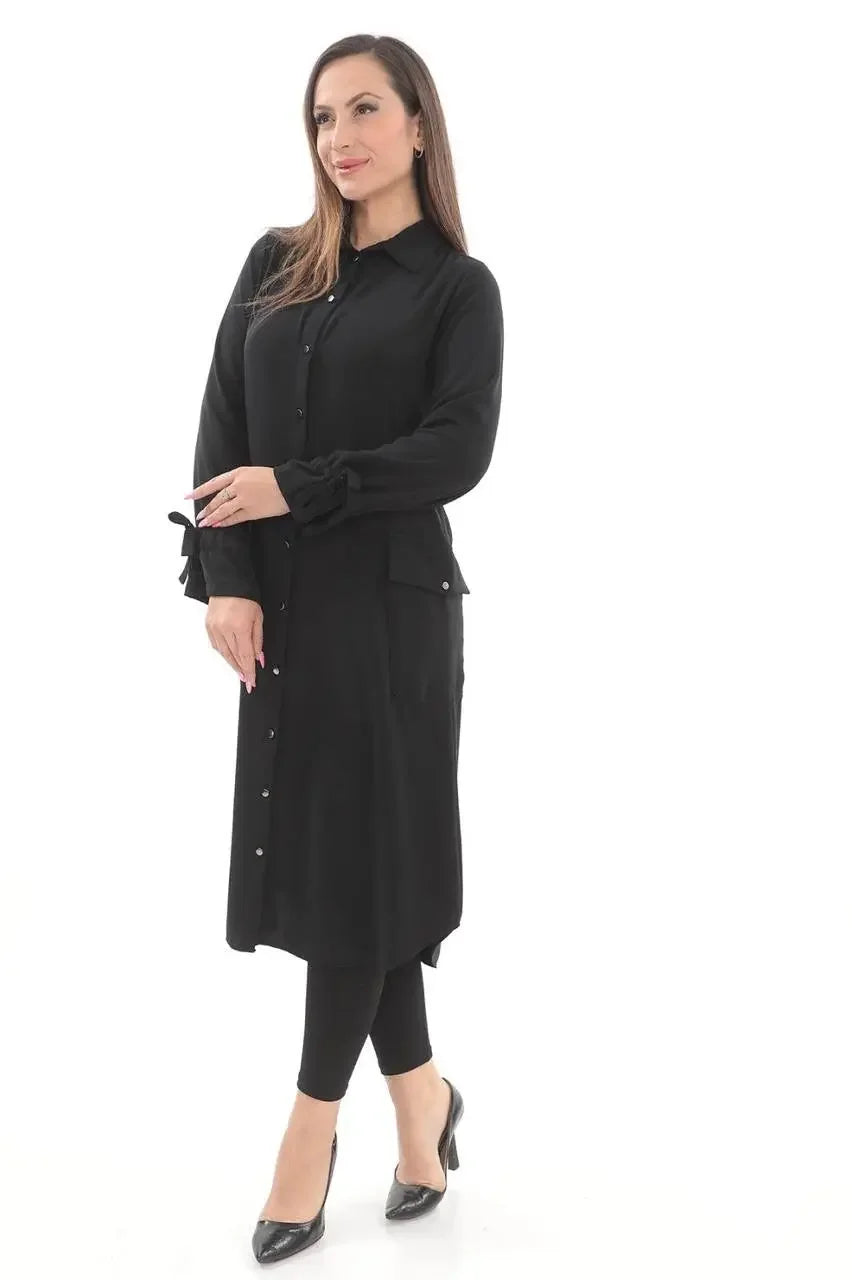 Palestinian Elegance black long relaxed tunic for women with button-down front and cuff details