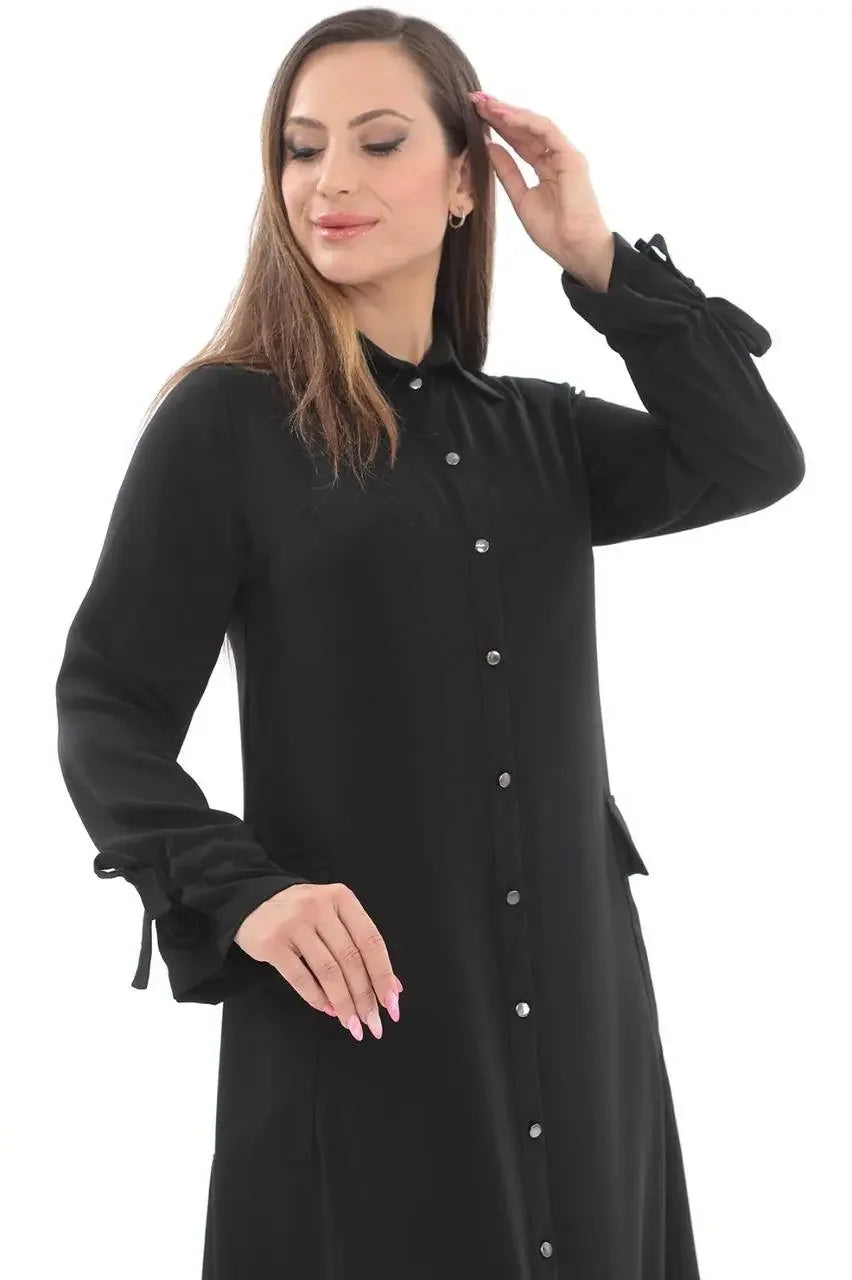 Palestinian Elegance black long relaxed tunic for women with button down front and tie details on sleeves