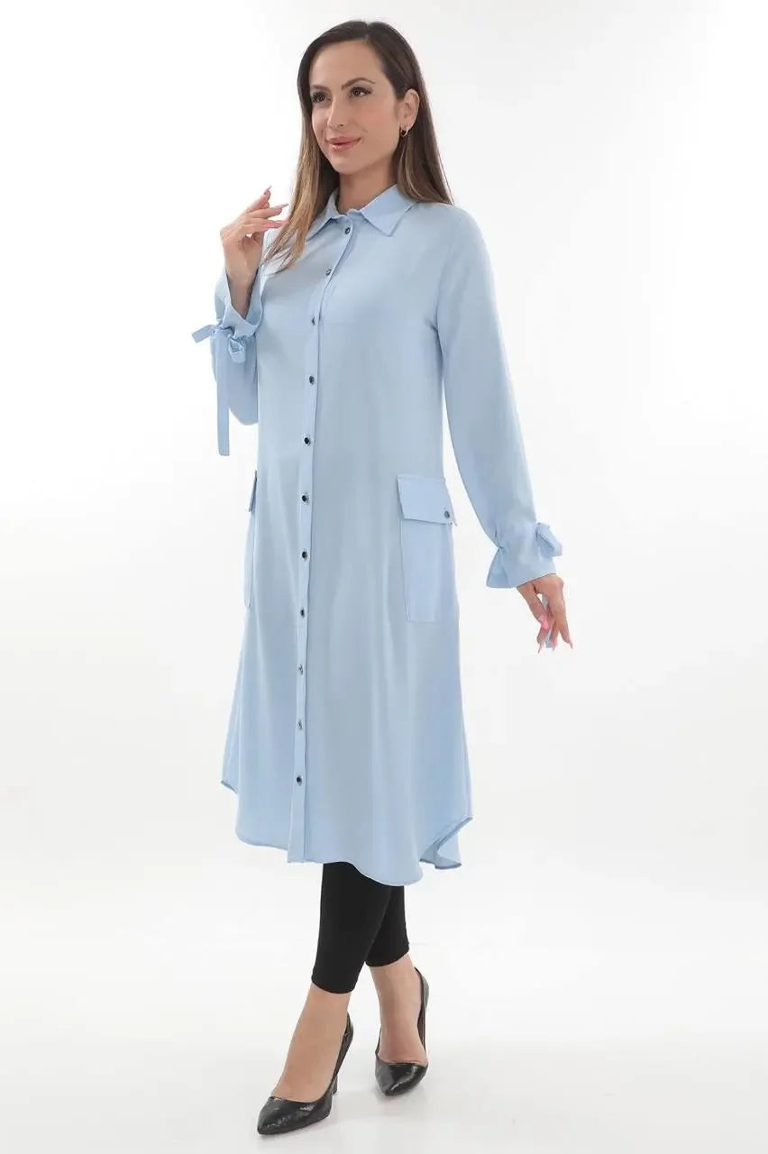 Palestinian Elegance light blue long relaxed tunic for women with button front and tie sleeves