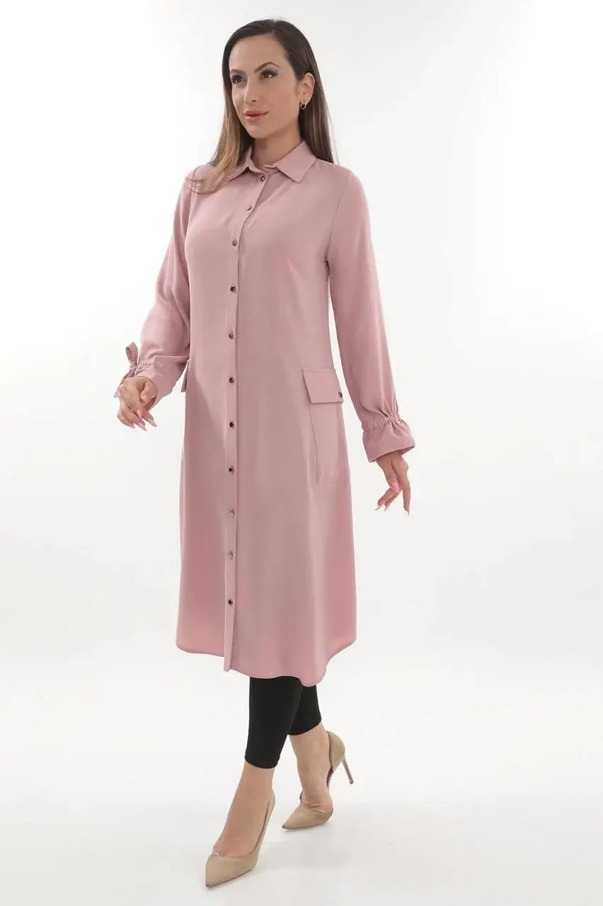 Pink long relaxed tunic for women with button front and cuffed sleeves by Palestinian Elegance
