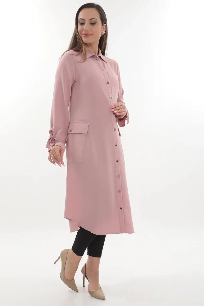 Palestinian Elegance casual long relaxed tunic for women in soft pink with button closure and pockets