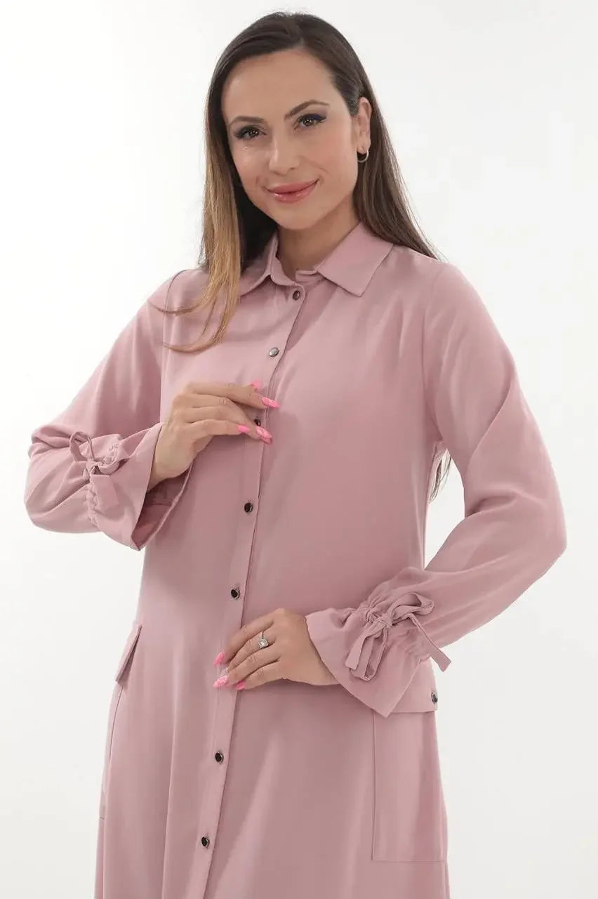 Pink long relaxed tunic for women with button-down front and ruched sleeves by Palestinian Elegance
