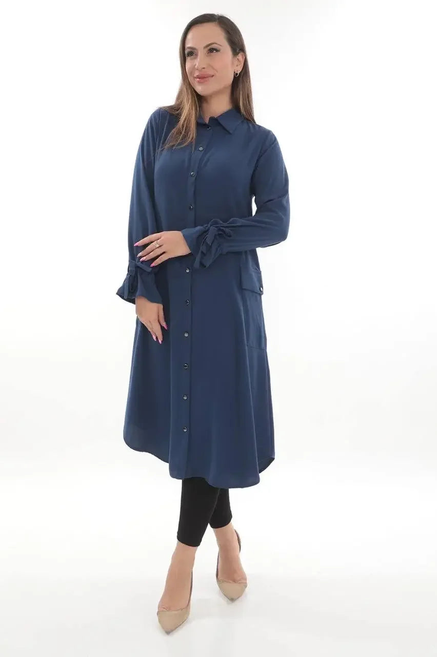 Palestinian Elegance navy long relaxed tunic for women with button-down front and cuff details